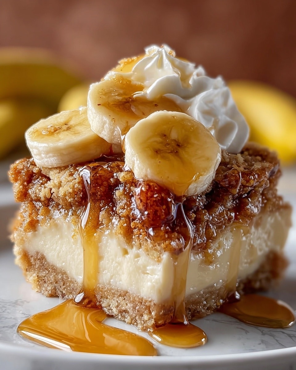 The image shows a close-up of a dessert with three visible layers on a white plate placed on a white marbled surface. The bottom layer is creamy and light beige, with a smooth texture. The middle layer is a crumbly, golden-brown cake-like layer with a coarse texture. The top layer consists of sliced bananas placed around a dollop of white whipped cream in the center. Golden syrup is generously drizzled over the bananas and cake, pooling slightly on the plate beneath the dessert. In the background, there is a blurred, soft brown tone that contrasts with the bright colors of the dish. photo taken with an iphone --ar 4:5 --v 7