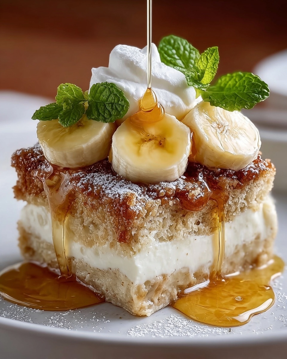 A close-up of a dessert slice on a white plate with a white marbled texture under it, showing three visible layers: the bottom layer is light and creamy white, the middle layer is soft and spongy with a beige color, and the top layer is a textured brown crust sprinkled lightly with powdered sugar. On top, there are three round banana slices with a smooth yellow surface, fresh green mint leaves, and white whipped cream dollops. Thick golden syrup is poured over the bananas and the dessert, dripping down the sides and pooling onto the plate. Photo taken with an iphone --ar 4:5 --v 7