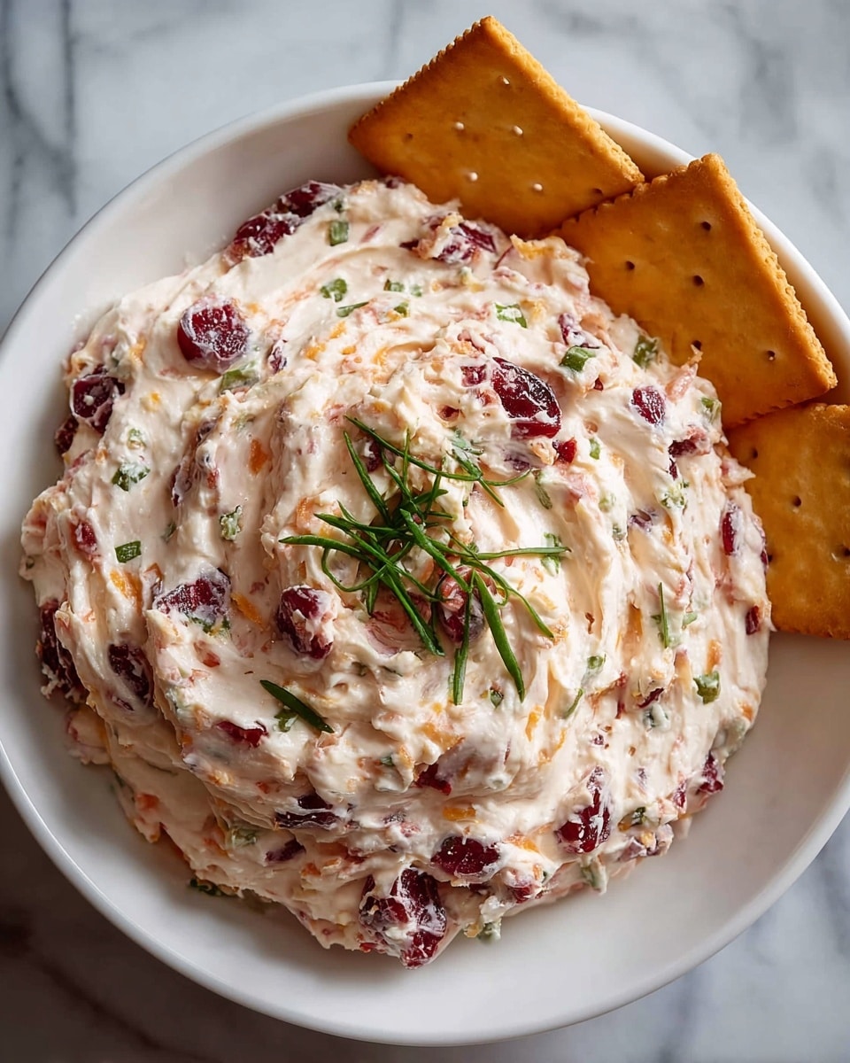 A bowl of creamy cheese spread with visible red bits of dried cranberries and small green pieces of chives mixed throughout. The spread is swirled with a smooth, fluffy texture, and it sits on a white plate with two plain crackers placed partly underneath the top right side of the spread. The background is a white marbled texture. Photo taken with an iphone --ar 4:5 --v 7