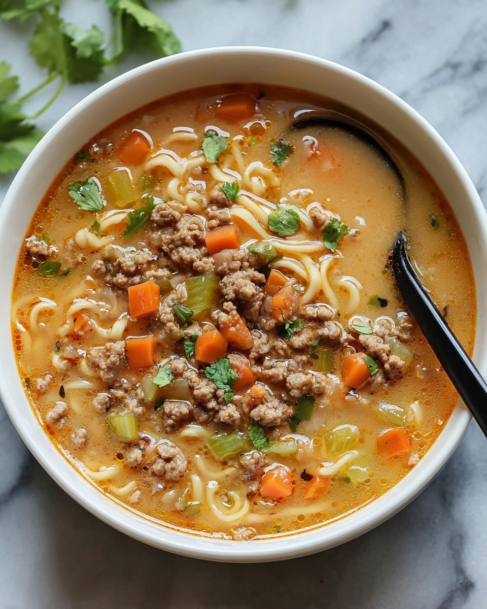 A white bowl filled with a thick soup made up of several layers: the base is a light orange broth with visible small noodles, topped with roughly chopped pieces of cooked ground meat in a light brown color, small bright orange carrot cubes, light green celery pieces, and translucent cooked onion bits. There are scattered green cilantro leaves on top for garnish. A black spoon partially rests inside the bowl. The bowl sits on a white marbled surface with some blurred green cilantro leaves nearby. photo taken with an iphone --ar 4:5 --v 7