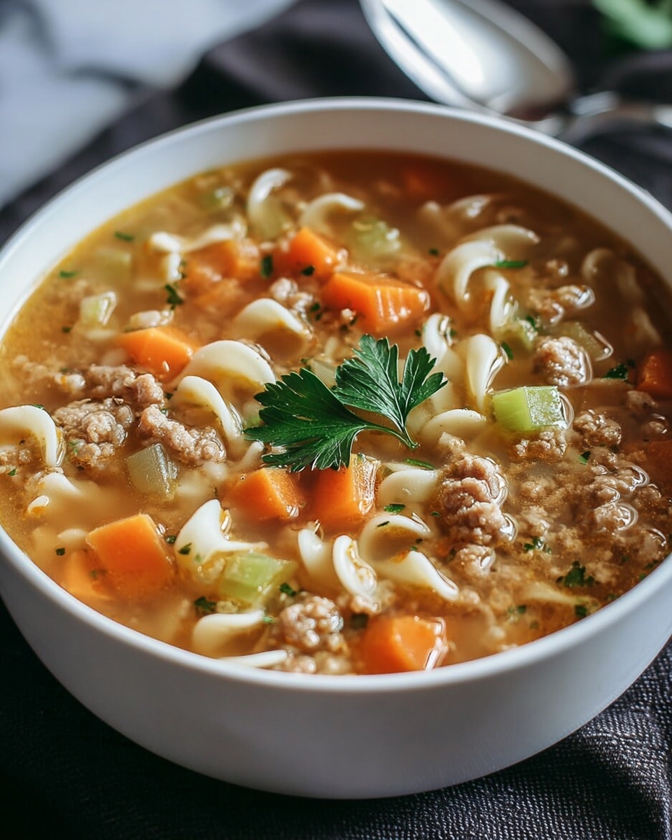A white bowl filled with a clear, golden broth soup that has three main layers: at the bottom, white curly noodles partially submerged; in the middle, evenly cut orange carrot cubes and light green celery chunks along with small beige cooked ground meat pieces; on top, a few bright green fresh parsley leaves placed in the center. The bowl is resting on a dark textured cloth, with a blurred spoon and white marbled surface in the background. Photo taken with an iphone --ar 4:5 --v 7