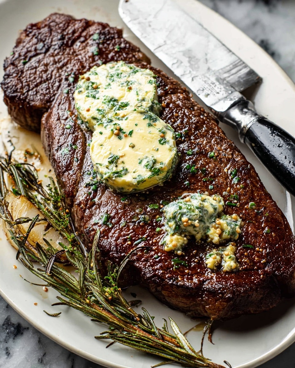 A thick, juicy steak with a dark brown, seared crust sits on a white plate, topped with two round pats of creamy herb butter mixed with green parsley and small mustard seeds, one pat is slightly cut to show its soft texture; the plate also holds some roasted rosemary sprigs, and a shiny, serrated steak knife with a black and silver handle rests on the plate’s edge, all set against a white marbled textured surface. Photo taken with an iphone --ar 4:5 --v 7
