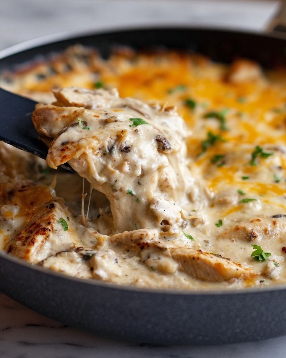 A close-up view of a skillet filled with creamy cheesy chicken. The top layer shows melted cheese that is a mix of white and light golden yellow, with a bubbly and slightly browned texture. Below the cheese, there are slices of chicken covered in a thick white cream sauce with some dark specks, likely herbs or seasoning. The dish is garnished with small bits of green herbs scattered on top. A black spatula lifts some of the cheesy chicken from the skillet. The skillet sits on a white marbled surface. Photo taken with an iphone --ar 4:5 --v 7