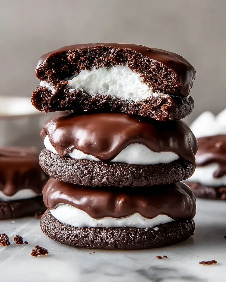 A stack of three chocolate-covered cookies with a shiny dark chocolate top layer, each one broken to show a thick, soft white marshmallow center and a dark, dense chocolate cookie bottom layer. The cookies have a slightly rough texture on the bottom chocolate part and a smooth, glossy chocolate coating on top that dips gently over the edges. They are placed directly on a white marbled surface with small crumbs scattered around, and the background is softly blurred in neutral tones. photo taken with an iphone --ar 4:5 --v 7