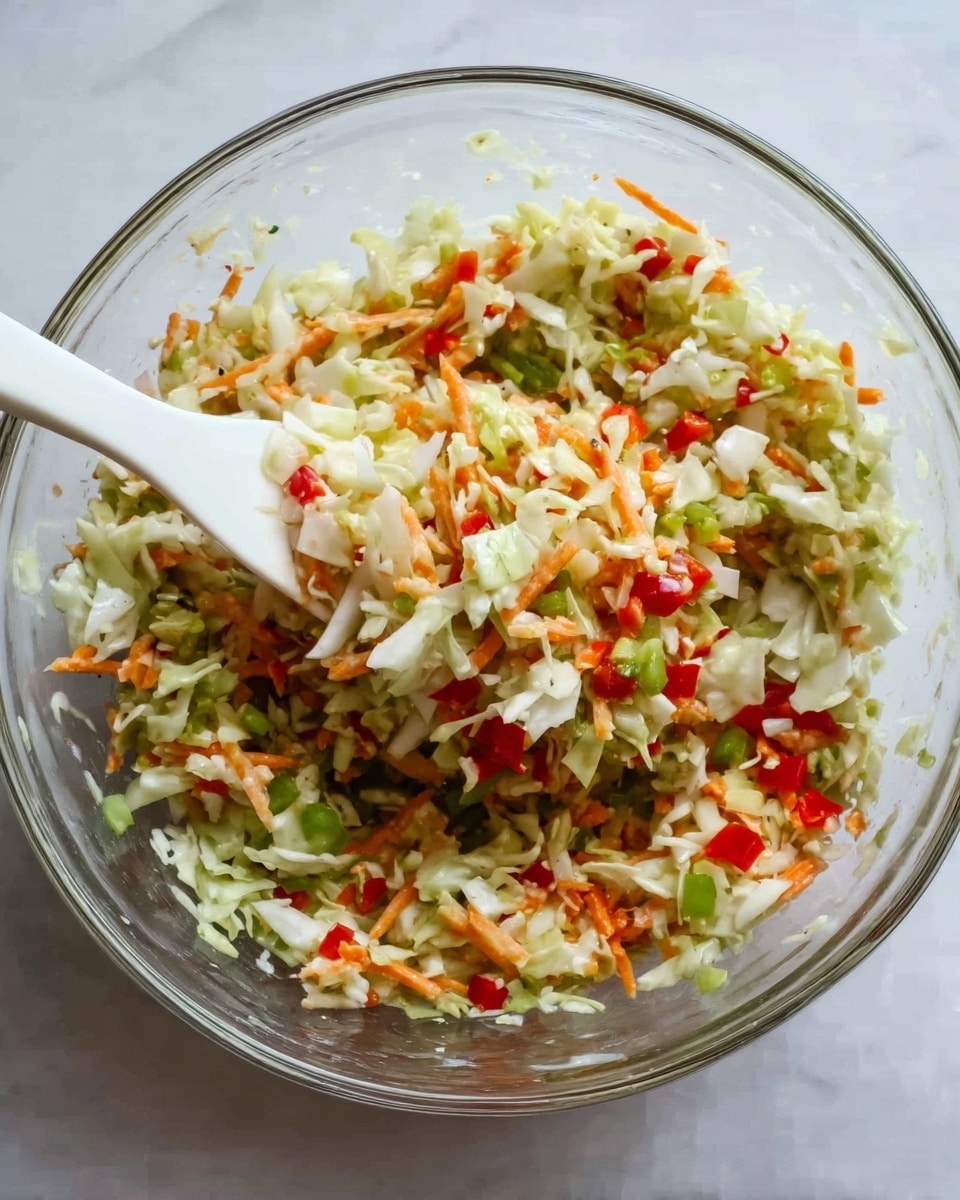 The image shows a clear glass bowl filled with a colorful mixed vegetable salad. The salad layers include finely chopped white and pale green cabbage as the base, mixed with small pieces of bright orange carrots and bits of green bell peppers. There are scattered pieces of red bell peppers adding vibrant red spots throughout the mix. A white spatula is partially dipped into the salad, lifting some of the vegetables. The bowl sits on a white marbled surface, giving a clean and fresh look to the scene. photo taken with an iphone --ar 4:5 --v 7