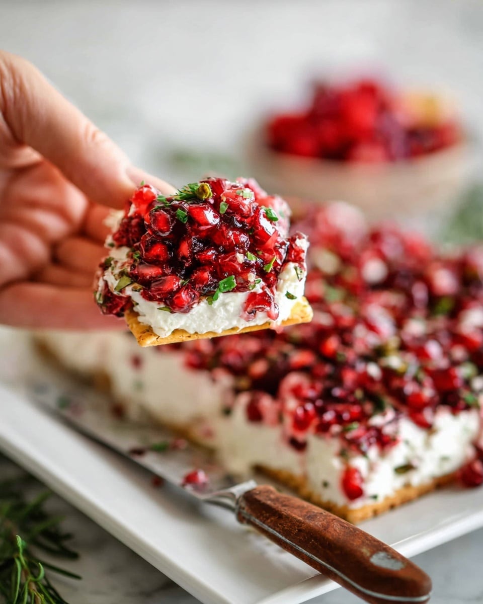 A close-up image shows a woman's hand holding a golden-brown cracker topped with three distinct layers: a bottom layer of thick, creamy white cheese spread, a middle layer of shiny, dark red pomegranate seeds mixed with small green herbs, and a top layer of finely chopped bright red pomegranate pieces. The cracker is in front of a white rectangular plate on a white marbled surface, where a large block of cheese spread covered with the same chopped pomegranate and herb mix is visible. A knife with a silver blade and wooden handle rests on the right side of the plate. In the blurry background, green herbs and a bowl filled with red fruit add to the context. Photo taken with an iphone --ar 4:5 --v 7