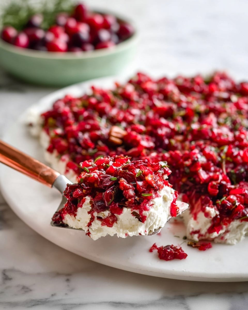 A close-up view of a white plate holding a two-layer dish: the bottom layer is a thick, creamy white spread with a soft, smooth texture, and the top layer is finely chopped, bright red cranberries mixed with herbs, giving a fresh and chunky appearance evenly spread over the cream layer. In the foreground, a metal spreader with a copper handle holds a scoop of both layers, showing the contrast between the creamy white and vibrant red atop it. The plate rests on a white marbled surface, with a blurred green bowl filled with whole cranberries and some green herbs in the background. photo taken with an iphone --ar 4:5 --v 7