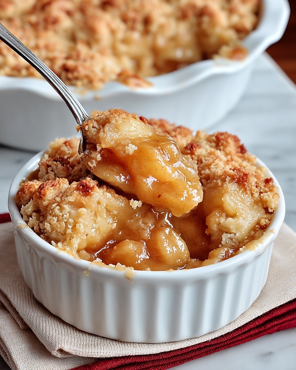 A small white ramekin holds a single serving of apple crumble with two clear layers: the bottom layer is warm, glossy, golden-brown cooked apple filling with a syrupy texture, and the top layer is a golden, crumbly crust with slightly uneven, rough chunks that look crispy. A spoon is partially dug into the side of the ramekin, lifting some of the crumble. Behind the small ramekin, a larger white pie dish filled with more apple crumble is slightly out of focus, showing the same crumbly top layer. The dishes sit on a folded beige cloth with a red edge, placed on a white marbled surface. photo taken with an iphone --ar 4:5 --v 7