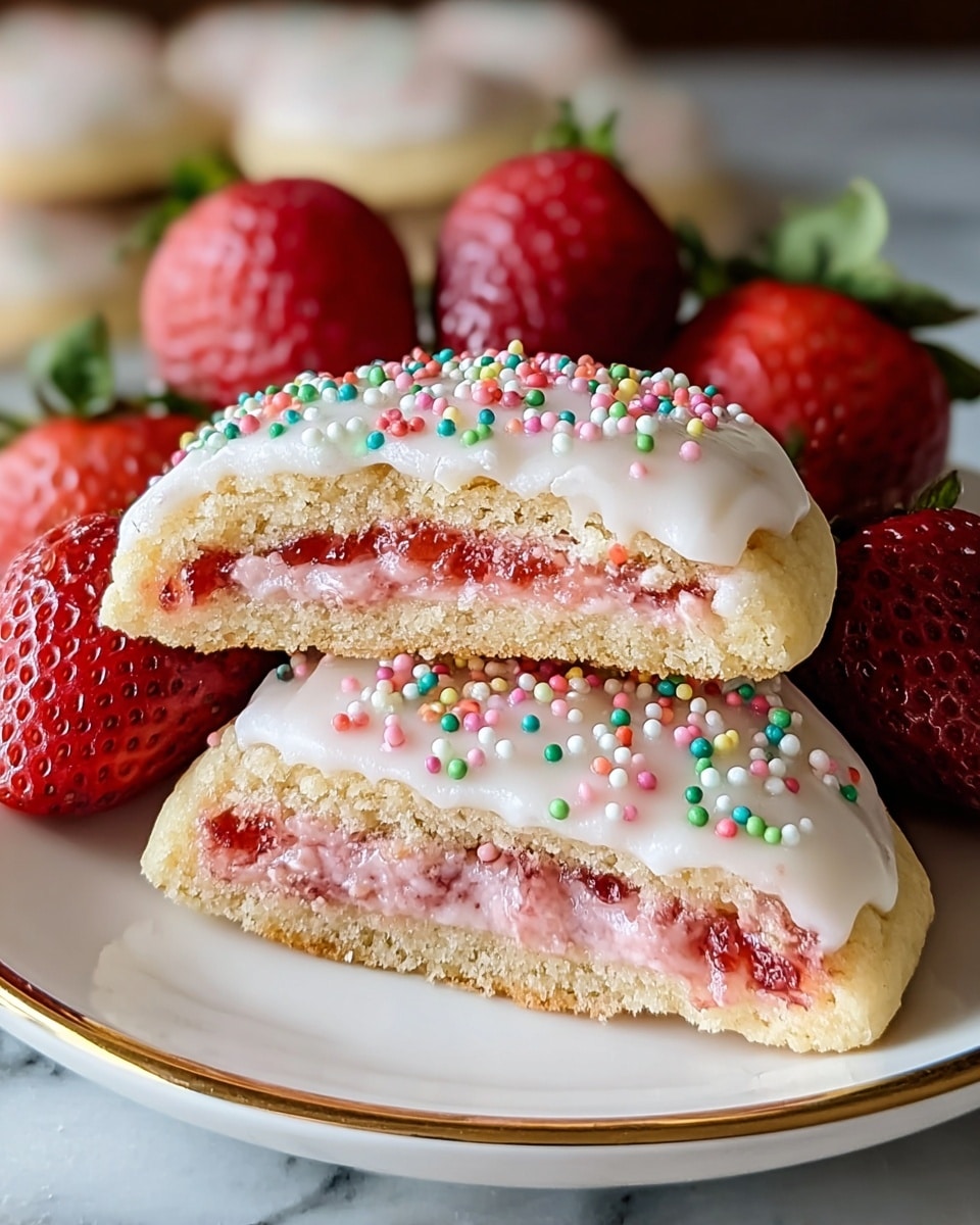 A close-up of a soft cookie cut in half, showing three layers: a light golden crumbly base, a thick pink strawberry jam layer in the middle, and a white icing top covered with small, round, colorful sprinkles. The two cookie halves are stacked on a white plate with a gold rim, surrounded by fresh, bright red strawberries with green leaves. The whole setting is on a white marbled texture. photo taken with an iphone --ar 4:5 --v 7