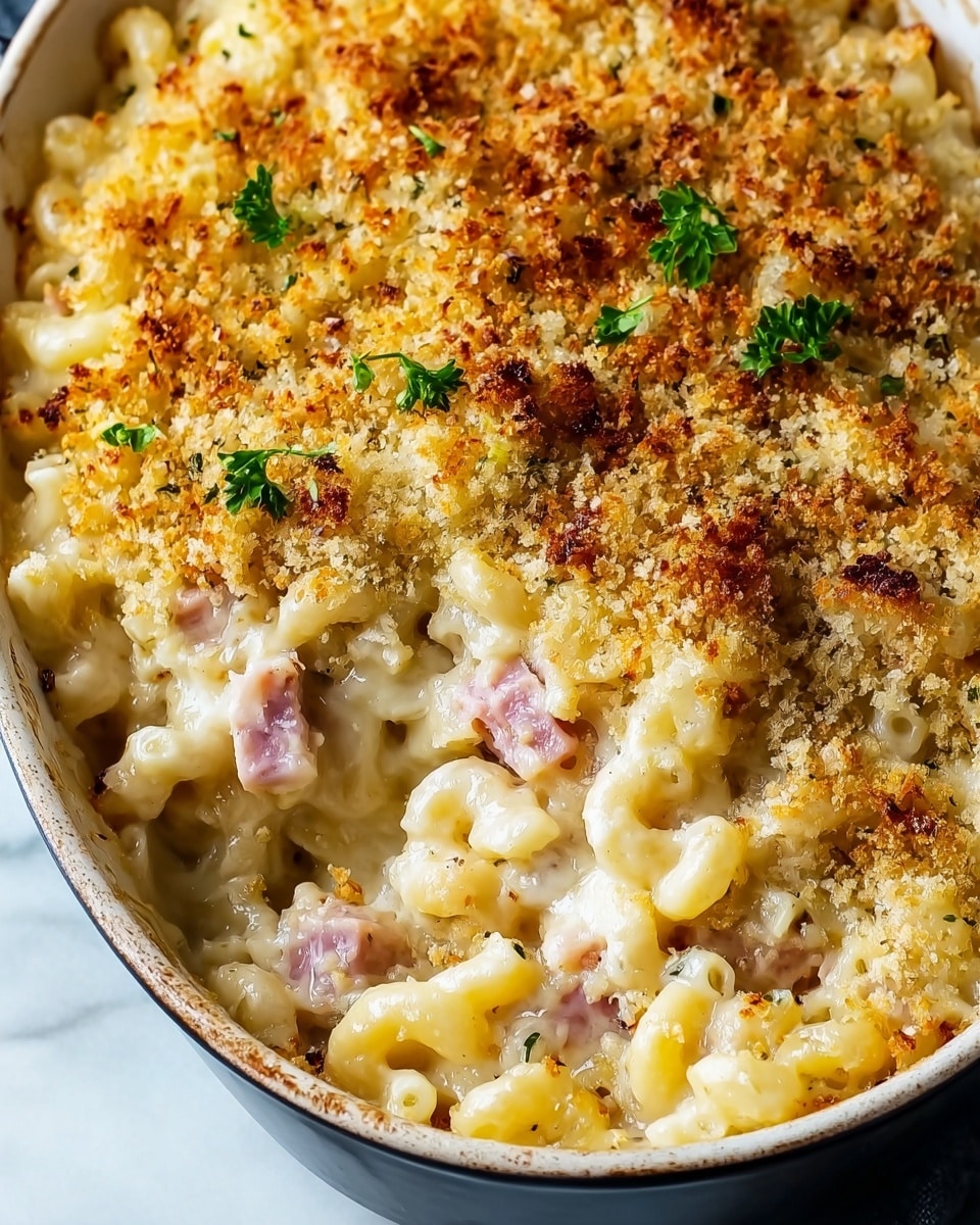 A close-up of a creamy baked macaroni and cheese dish in a white oval baking dish, showing a thick top layer of golden-brown toasted breadcrumbs with a crispy texture, scattered with a few small green parsley leaves for color. Below the crispy top, a rich, creamy cheese sauce coats slightly curly elbow pasta and visible chunks of ham, creating a mix of pale yellow, white, and light pink colors with a smooth and gooey texture. The edges of the dish show some bubbling cheese, sitting on a white marbled textured surface with a soft natural light highlighting the texture and color contrasts. Photo taken with an iphone --ar 4:5 --v 7