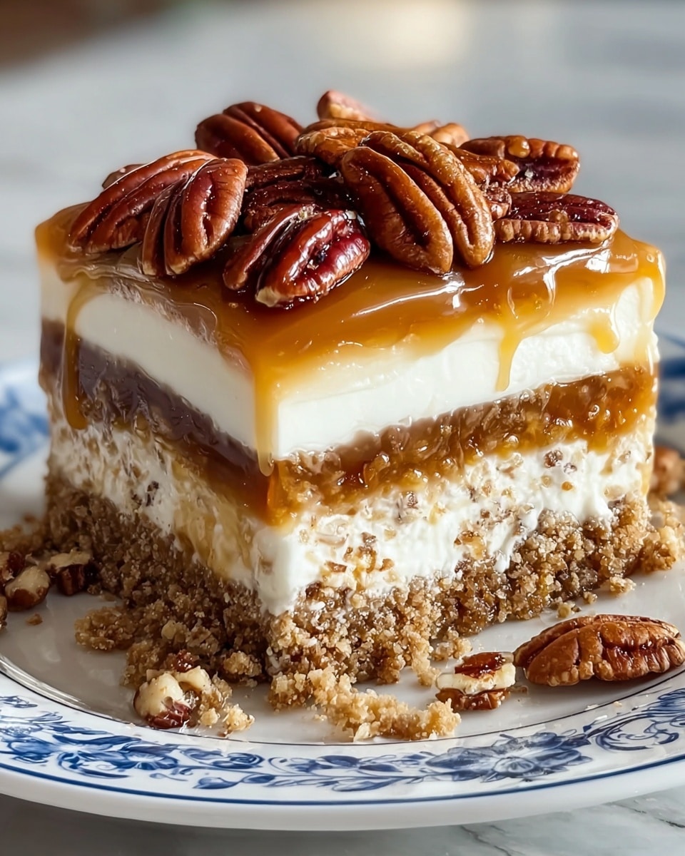 A close-up of a square dessert slice with four layers on a white plate with blue patterns, placed on a white marbled surface. The bottom layer is a crumbly, light brown crust with a rough texture. Above it is a white creamy layer mixed with bits of the crumbly crust. The third layer is a darker brown, sticky caramel-like layer with a glossy texture. The top layer is a thick, smooth white cream, topped with a glossy caramel sauce that drapes slightly over the edges. The dessert is crowned with a generous pile of whole and halved pecans, their reddish-brown shells shiny and textured. Some crumb bits are scattered around the base on the plate. Photo taken with an iphone --ar 4:5 --v 7