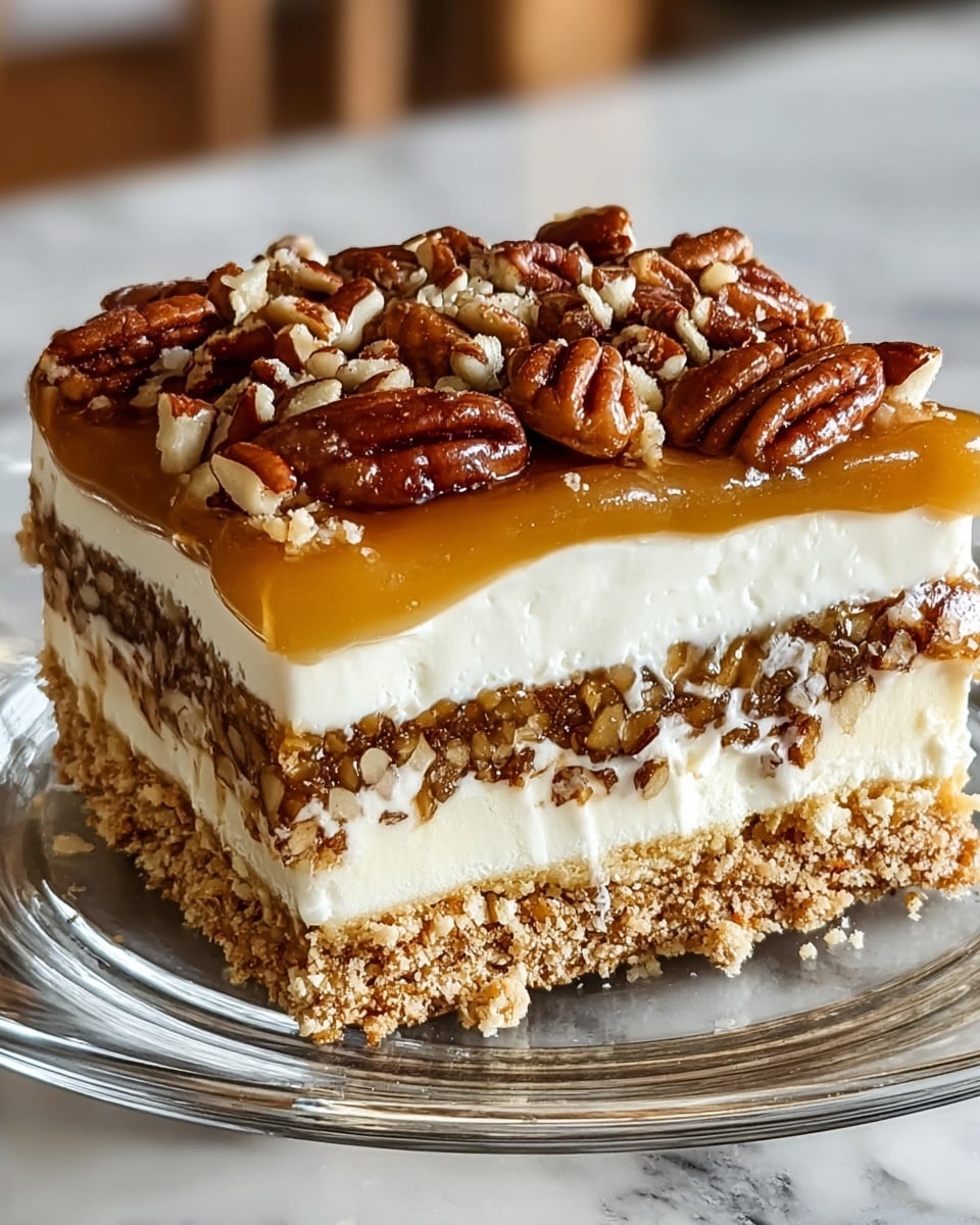 A close-up view of a multi-layered dessert square on a clear glass plate, sitting on a white marbled surface. The dessert has several distinct layers: the bottom layer is a crumbly, light brown crust with coarse texture, followed by a smooth, thick white cream layer. Above the cream is a dense, golden brown filling with a crumbly texture mixed in, topped by another thick white cream layer. Next is a glossy, golden caramel-like layer, and the dessert is crowned with a generous layer of shiny, whole and chopped pecans that look rich and crunchy. photo taken with an iphone --ar 4:5 --v 7