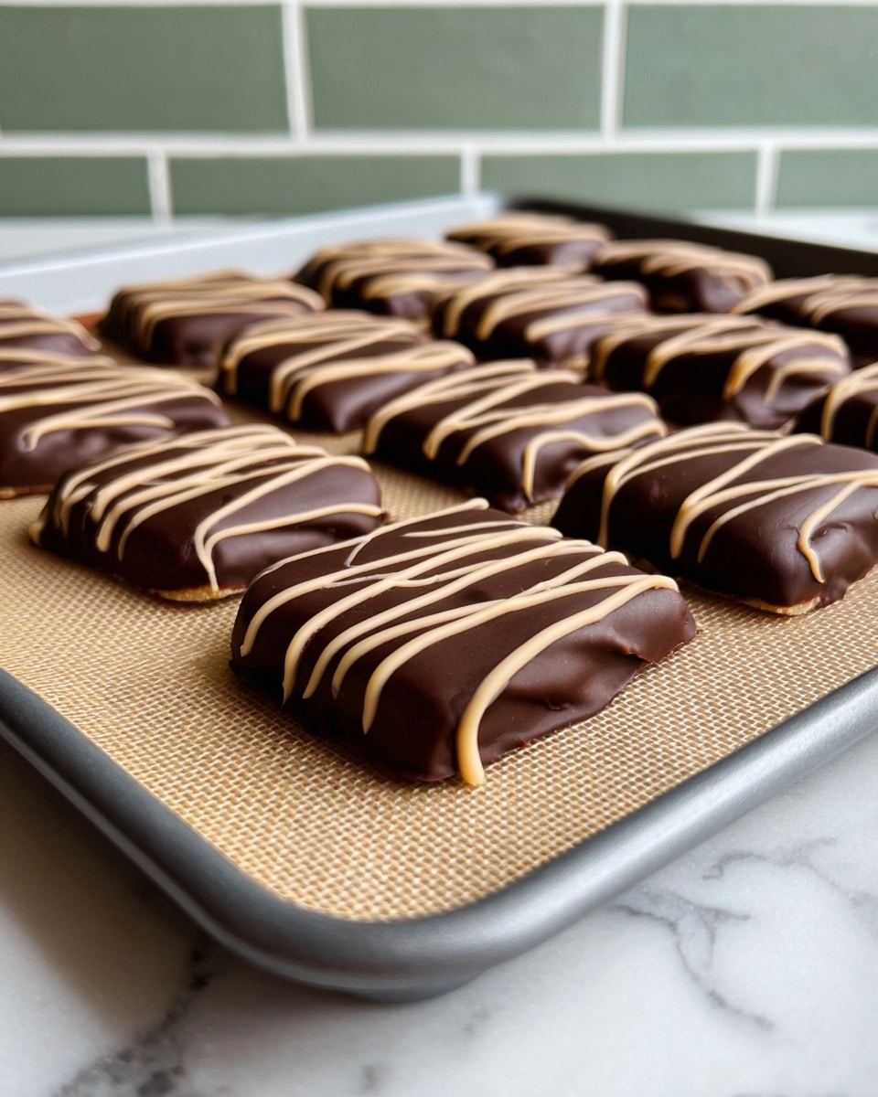 A close-up shows a woman's hand holding a square treat covered in smooth, dark chocolate with three thick, wavy light brown stripes drizzled across the top. In the background, there is a dark baking tray lined with a beige mat, filled with many more of the same chocolate-covered squares, each decorated with similar light brown drizzle. The setting is on a white marbled surface with a soft green textured wall in the background. photo taken with an iphone --ar 4:5 --v 7