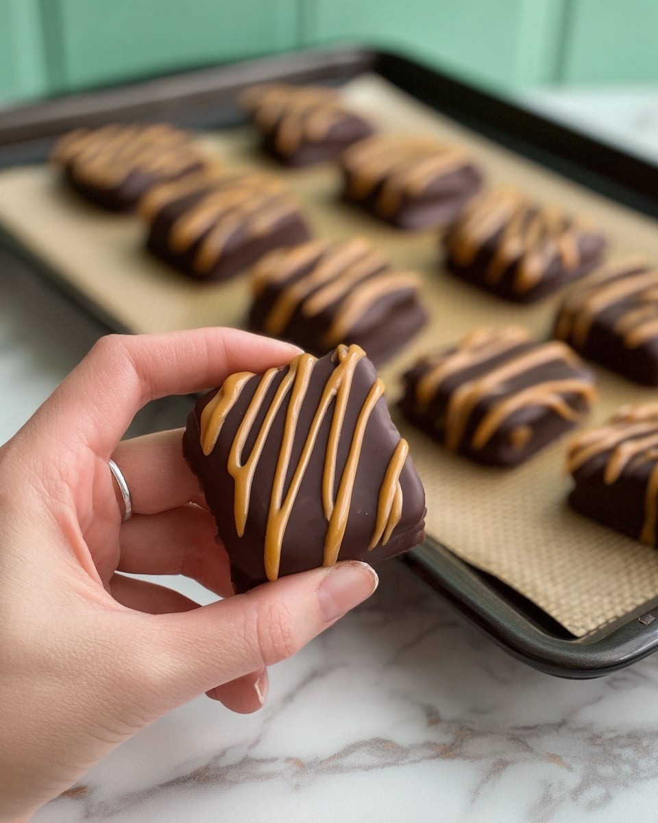 A dark brown chocolate-covered square treat layer topped with thin, light brown creamy stripes drizzled diagonally across it, arranged in neat rows of three by four on a textured beige baking mat placed on a gray baking tray, all set against a white marbled surface with a faint green brick wall in the background. photo taken with an iphone --ar 4:5 --v 7