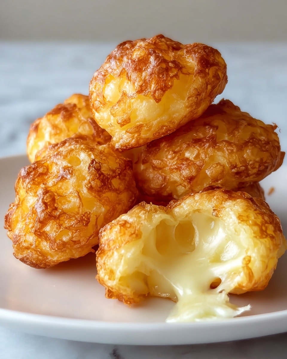 A close-up of five golden-brown cheese puffs stacked casually on a white plate, each puff showing a rough, crispy outer layer with a textured, crunchy surface. The front puff is torn open revealing a soft, creamy interior with melted white cheese stretching and oozing inside. The light highlights the warm, golden baking color and the smooth, gooey cheese inside. The white marbled background is softly blurred, keeping the focus on the textured cheese puffs. photo taken with an iphone --ar 4:5 --v 7