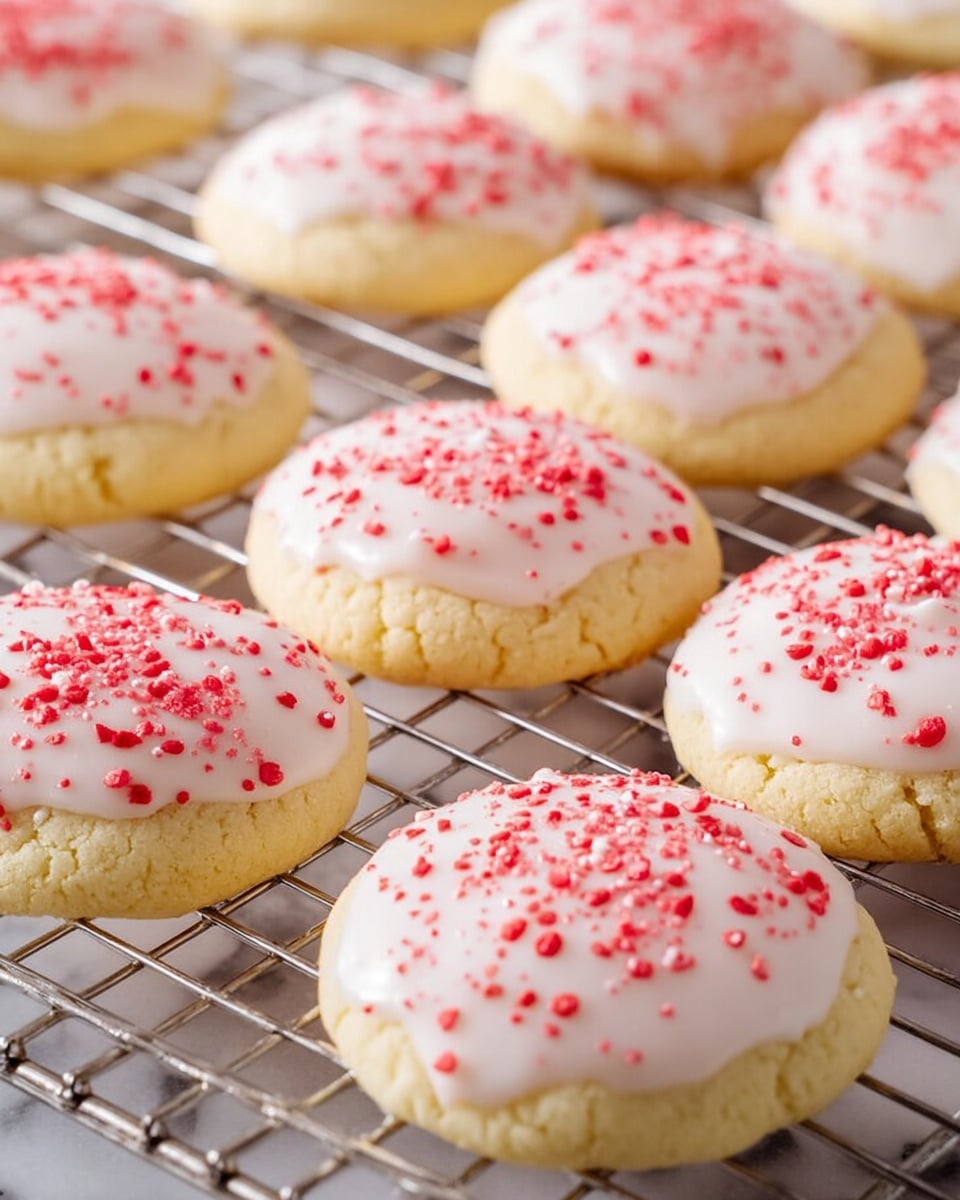 The image shows many small round cookies arranged on a metal cooling rack over a white marbled texture. Each cookie has one thick layer with a soft yellow color and slightly cracked texture around the edges. On top of each cookie is one smooth white icing layer, glossy and evenly spread to cover the surface. The icing is decorated with small red sugar sprinkles scattered all over, giving a bright contrast to the soft colors beneath. The setting is well-lit, emphasizing the textures and colors of the cookies. photo taken with an iphone --ar 4:5 --v 7