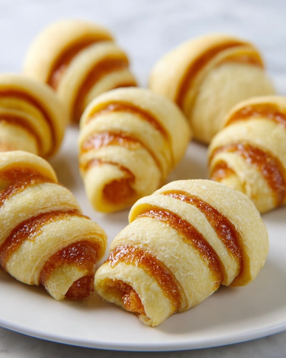 Several small crescent-shaped pastries are shown, each with multiple layers. The outer layer is pale yellow and smooth, with a doughy texture, while the inner layers are a rich orange-brown color with a slightly sticky, glossy look, likely from a filling or spread. The pastries are arranged singly on a plain white plate, placed on a white marbled surface. The contrast between the light dough and darker filling layers is clear, and the close-up view shows the fine details of the rolling and layering process. photo taken with an iphone --ar 4:5 --v 7