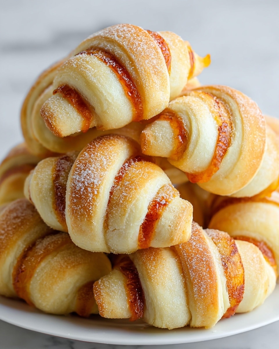 The image shows a pile of small crescent rolls on a white plate, each roll made of multiple layers of pale, soft dough tightly wrapped with bright orange-red filling visible between the layers. The dough layers are thick and smooth with a slight golden tint, while the filling is rich and textured, peeking through in thin stripes around the rolls. The rolls have a slightly shiny surface and some parts are dusted with fine white powder, likely sugar or flour. The background is a simple white marbled texture. photo taken with an iphone --ar 4:5 --v 7