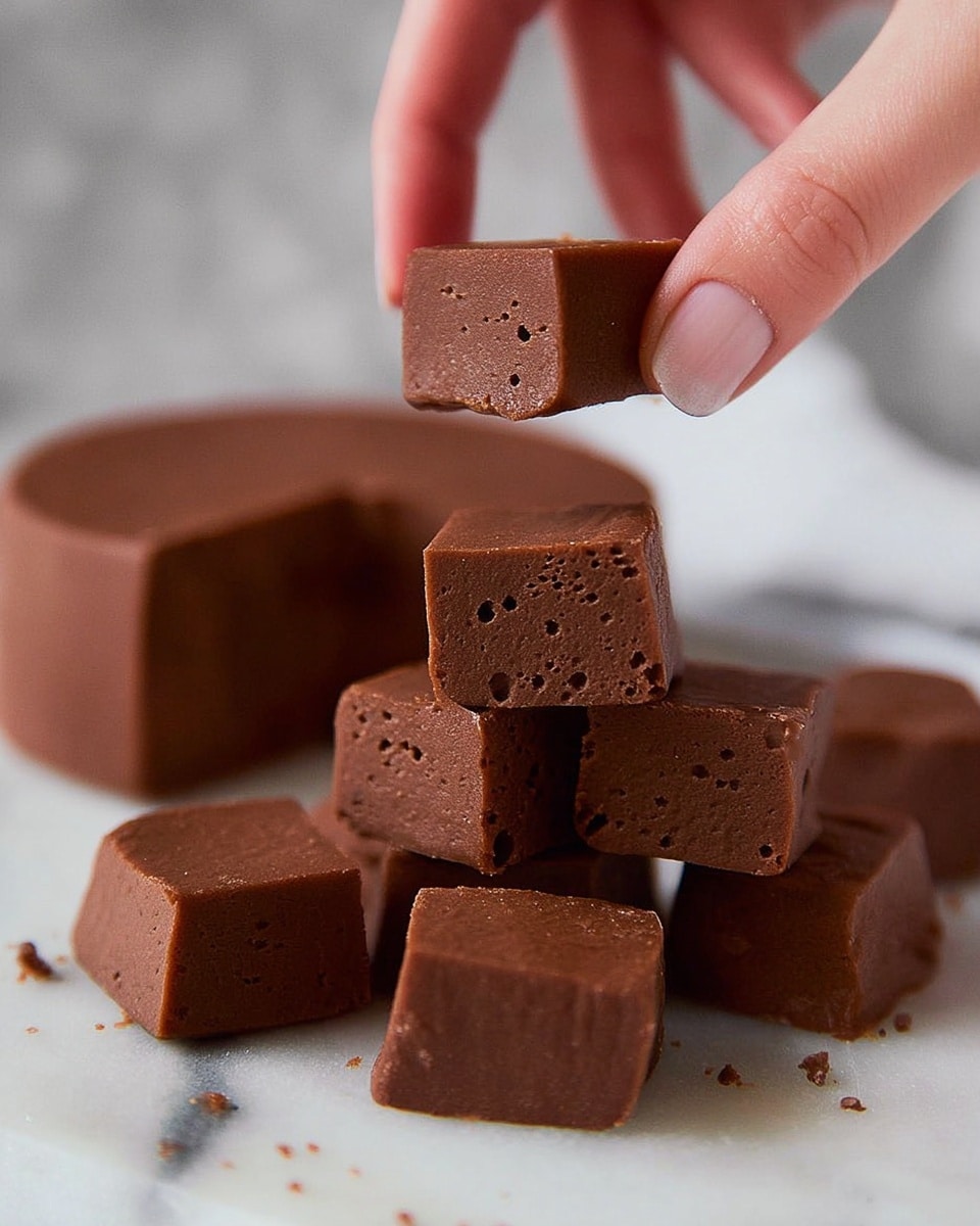 A close-up image shows several small, square chocolate fudge pieces with a smooth texture and a rich brown color. The fudge pieces are stacked and scattered on a white marbled surface, with a large round block of fudge in the background. A woman's hand is gently picking up one of the squares from the pile. The chocolate fudge has tiny air holes and a slightly glossy finish, making it look fresh and soft. Photo taken with an iphone --ar 4:5 --v 7
