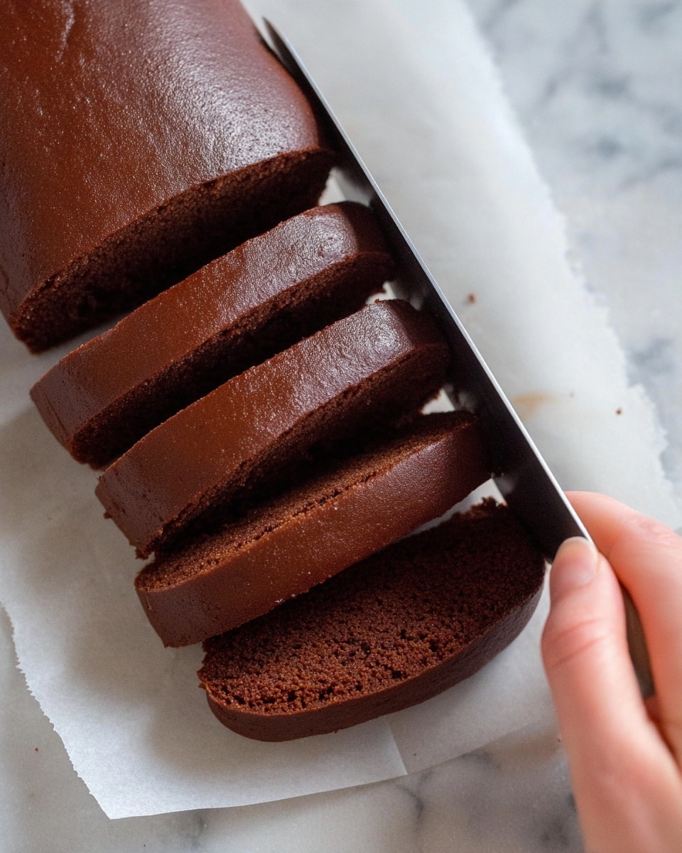 A close-up image of a soft, dark brown chocolate cake loaf being sliced with a large knife. The cake has a smooth, slightly shiny top and a moist, dense texture inside. Four even slices are cut and laid flat next to the remaining loaf, showing the inside color matching the outer crust. A woman's hand holds the knife from the top right corner, guiding the cut. The cake rests on white parchment paper on a surface with a white marbled texture. photo taken with an iphone --ar 4:5 --v 7