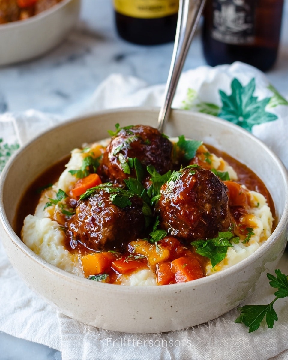 A round white bowl filled with three brown, glossy meatballs on top of a creamy, white mashed potato layer, covered partially with a rich, reddish-brown sauce mixed with chunks of orange carrots. The dish is garnished with bright green parsley leaves, and there is a silver spoon standing vertically in the bowl. The bowl sits on a white marbled surface with a folded white cloth that has green leaf patterns on the side, and blurry beer bottles in the background. Photo taken with an iphone --ar 4:5 --v 7