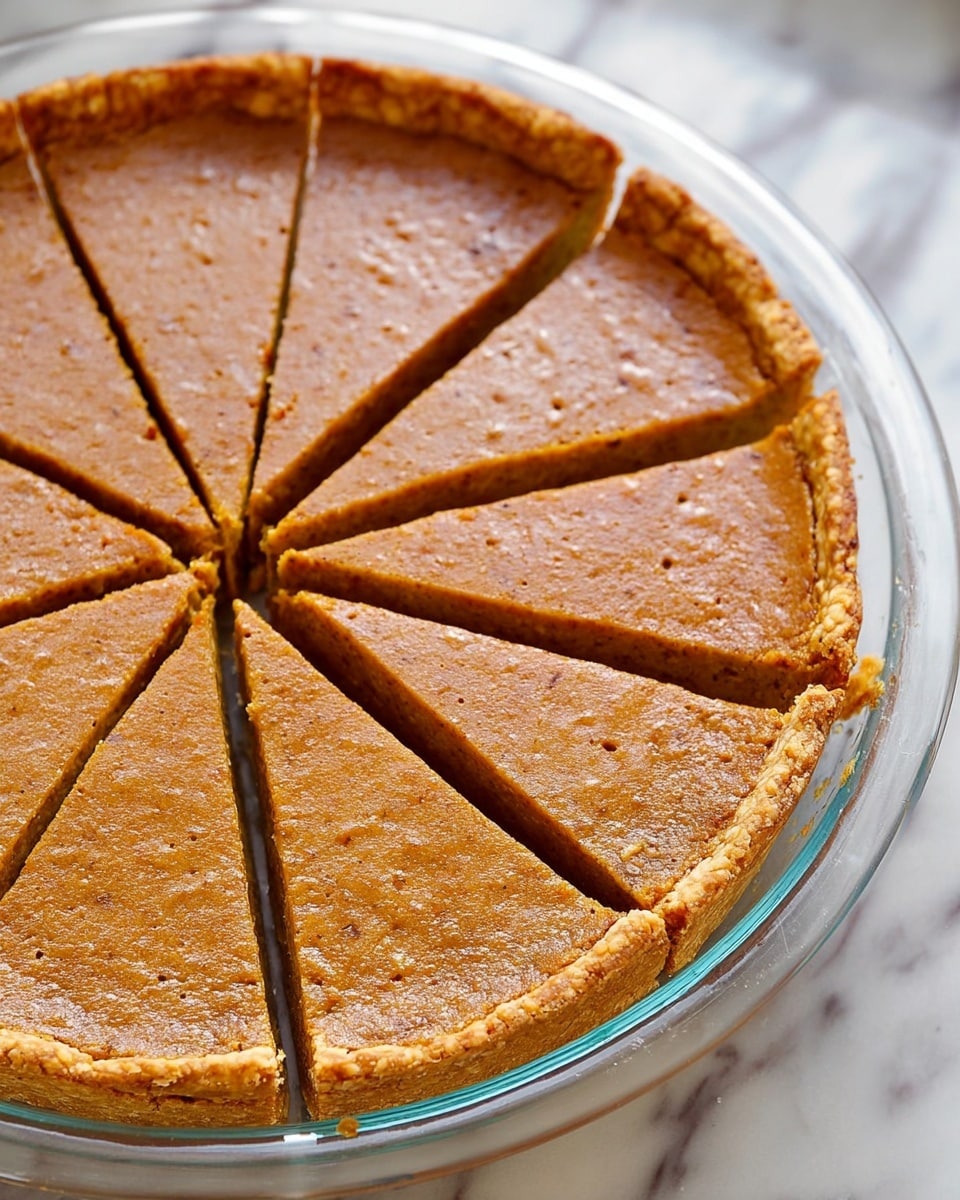 A round pumpkin pie cut into eight slices, placed in a clear glass pie dish on a white marbled surface. The pie has one layer with a smooth, brownish-orange filling that looks creamy with small specks throughout. The edges are golden brown and slightly raised to form a crust around the pie. Photo taken with an iphone --ar 4:5 --v 7