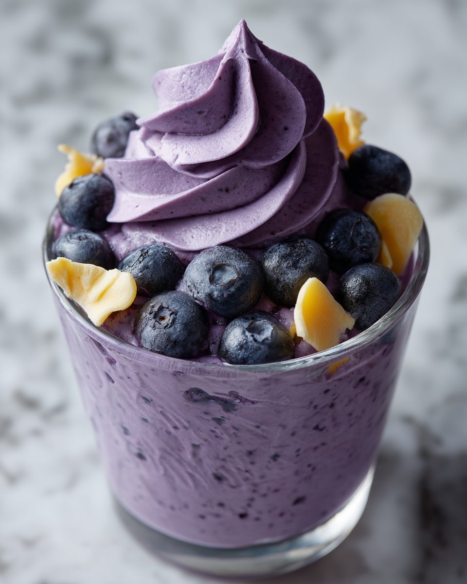 A clear glass cup filled with a thick, creamy purple mixture that looks smooth with small dark spots of blueberries throughout; on top, there is a generous swirl of the same purple cream, formed into soft, rounded peaks. The dessert is garnished with fresh blueberries that are deep blue with a soft, dusty coating and small pieces of pale yellow fruit or chips scattered among the berries. The background shows a blurred white marbled surface. photo taken with an iphone --ar 4:5 --v 7