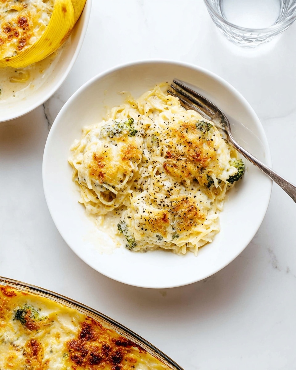 A white bowl contains three scoops of creamy baked pasta layered with melted cheese and bits of green broccoli, all topped with a golden-browned crust and sprinkled with black pepper. The pasta appears soft and tangled, nestled beneath the cheese layer, which shows some bubbling and toasted spots, giving a texture contrast between gooey and slightly crispy. A silver fork rests inside the bowl on the left side. The bowl sits on a white marbled surface, with a yellow banana in the top left corner and a glass of water in the top right corner. The bottom edge of the image shows part of a glass baking dish filled with more of the same pasta bake, bubbling on top with browned cheese. Photo taken with an iphone --ar 4:5 --v 7