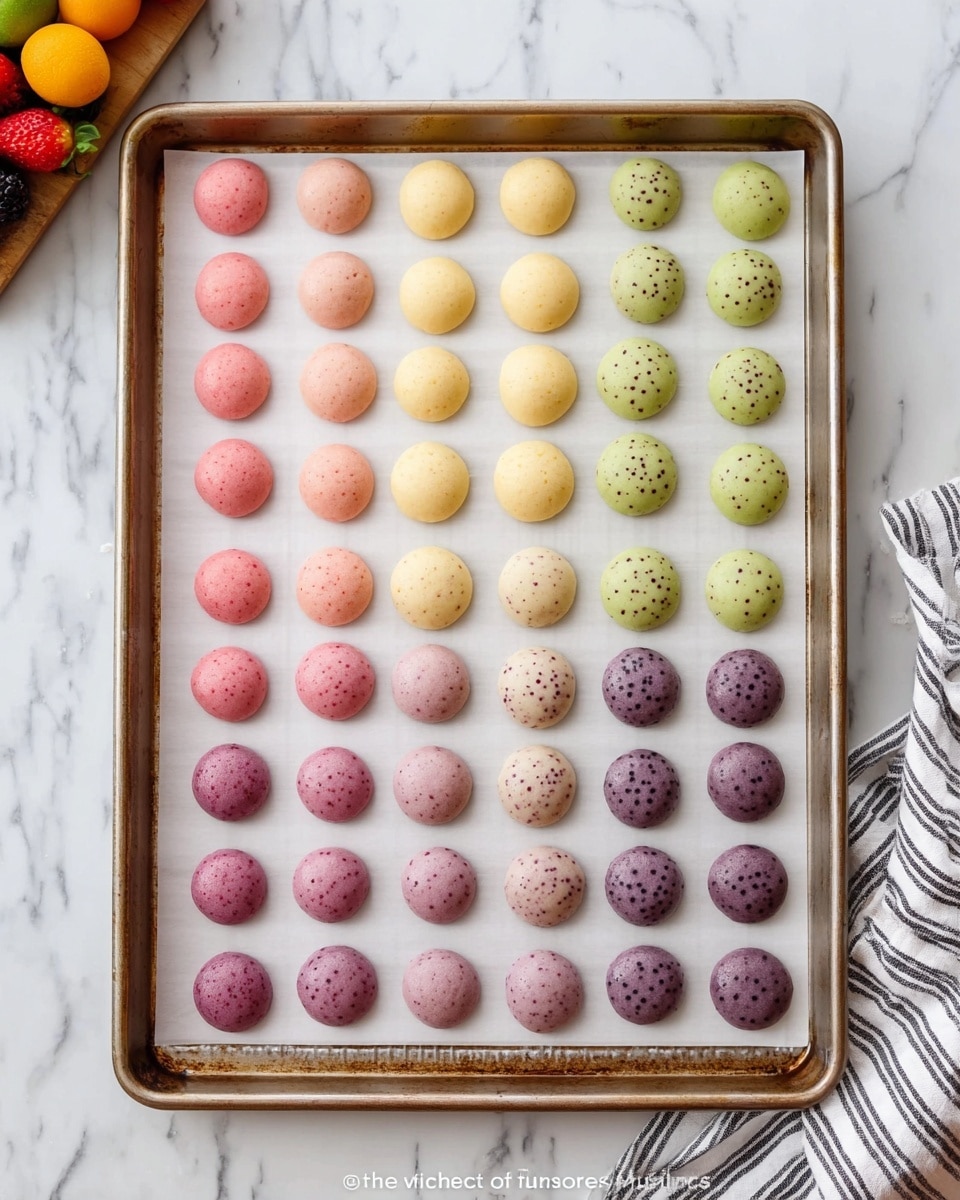 A rectangular metal baking tray lined with white parchment paper holds neat rows of small, round dollops of colorful batter. The dollops are organized in seven columns by color, from left to right: soft pink, light beige, pale yellow, light green, purple with small dark spots, and dark pink. Each column contains six rows, with each dollop being smooth and slightly shiny, spaced evenly on the tray. The tray rests on a white marble surface with subtle gray veins, and a striped cloth and some fruit are partially visible in the top left corner. Photo taken with an iphone --ar 4:5 --v 7