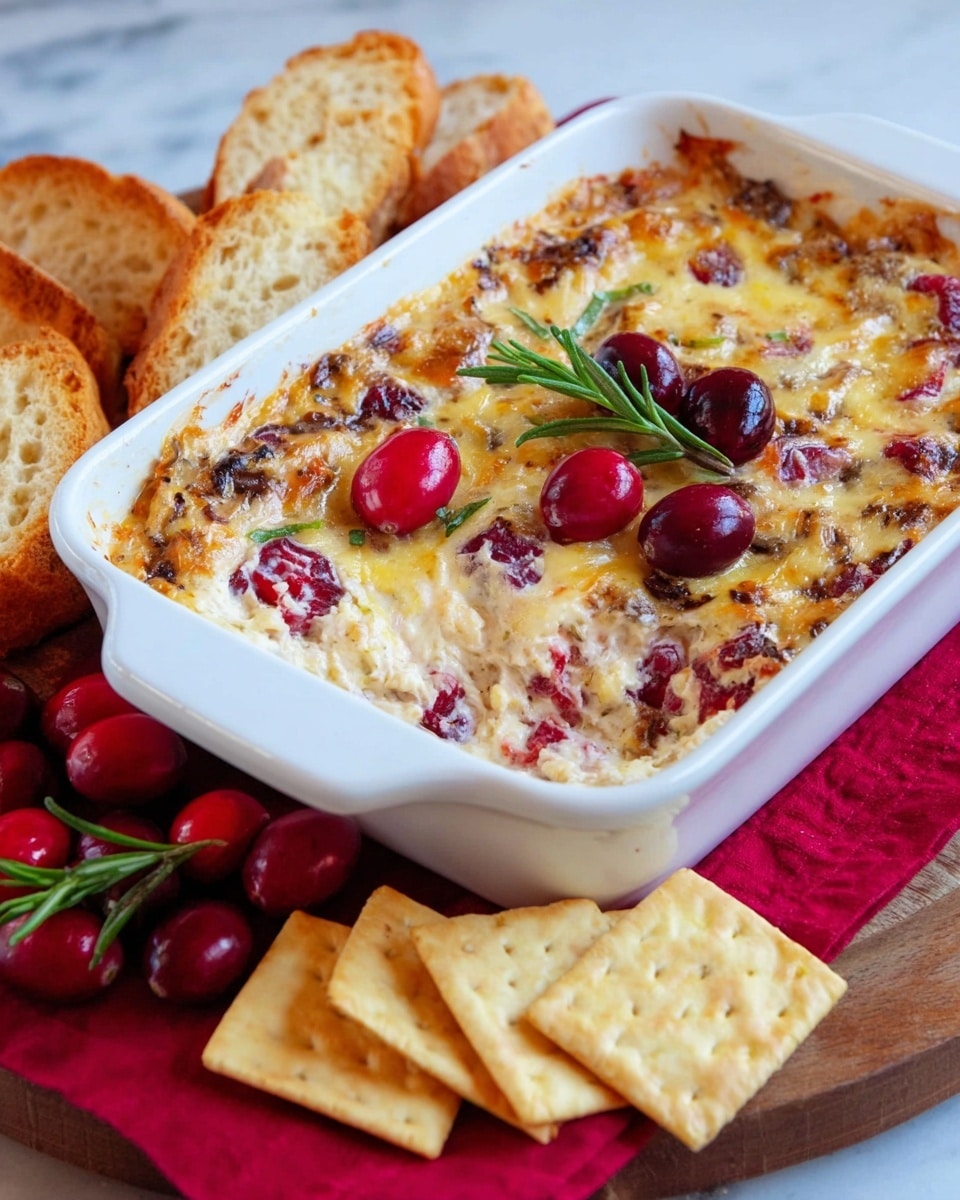 The image shows a white rectangular baking dish filled with a baked dip that has a creamy melted cheese top layer with golden brown spots and visible patches of red berries peeking through, creating a textured mix of creamy white and bright red colors. In the center, there are three whole dark red cranberries with a small green rosemary sprig placed on top as garnish. The dish rests on a red cloth napkin set on a wooden board. Surrounding the dish on the board are toasted slices of golden brown bread aligned side by side, a few loose dark red cranberries, green rosemary sprigs, and some folded, light beige pita chips. The whole arrangement is placed on a white marbled surface. photo taken with an iphone --ar 4:5 --v 7