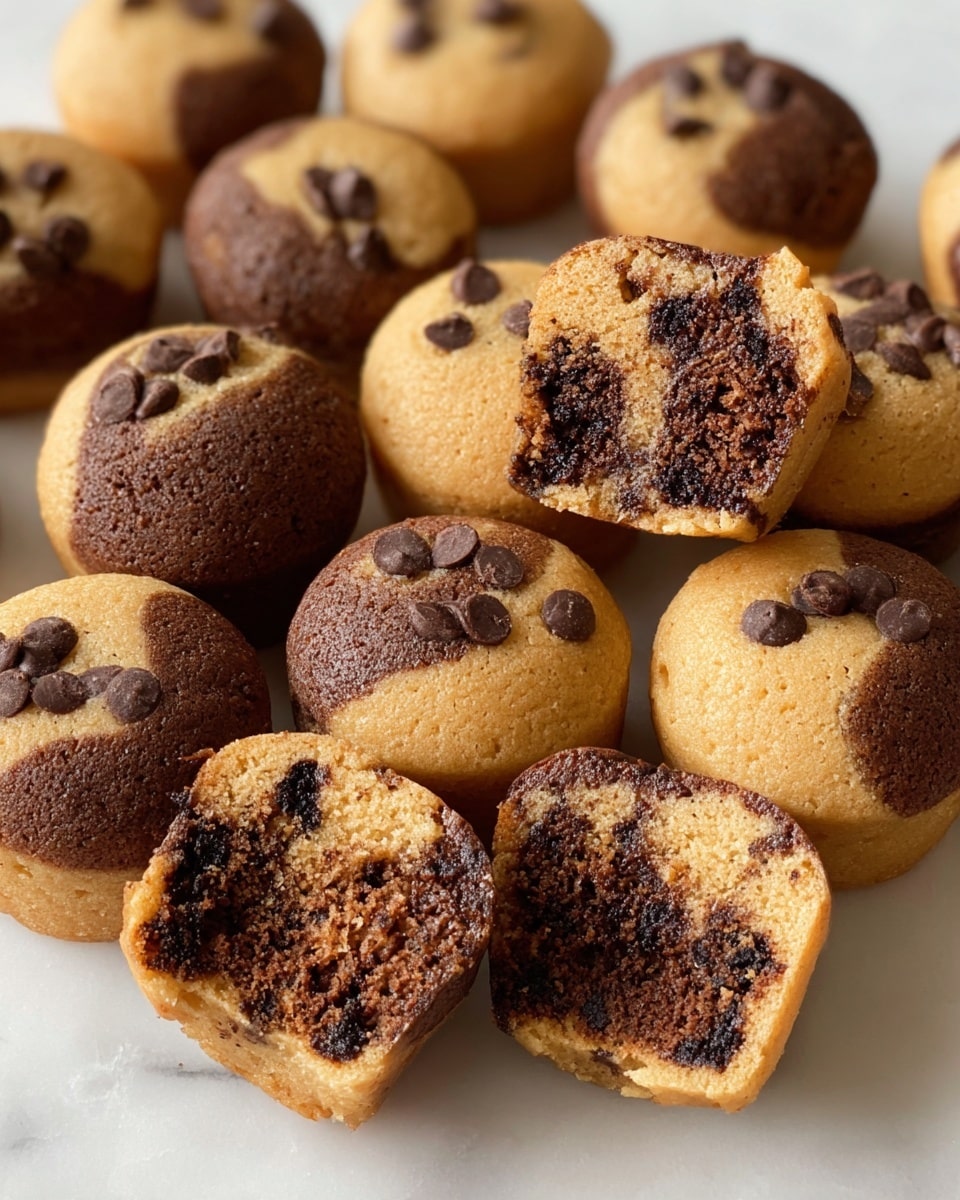 The image shows a group of small round marbled mini cakes or cookies with a mix of light tan and dark brown colors swirled together. Each piece has two visible layers: a soft light tan layer and a denser dark chocolate layer, both blended unevenly to create an artistic pattern on the surface. Some pieces have visible chocolate chips embedded in the light tan dough. A few of the mini cakes are cut open, revealing a soft, moist inside where the two layers are distinctly visible, with the dark layer showing a fudgy texture and the tan layer a crumbly texture. All the items are resting directly on a white marbled surface. Photo taken with an iphone --ar 4:5 --v 7