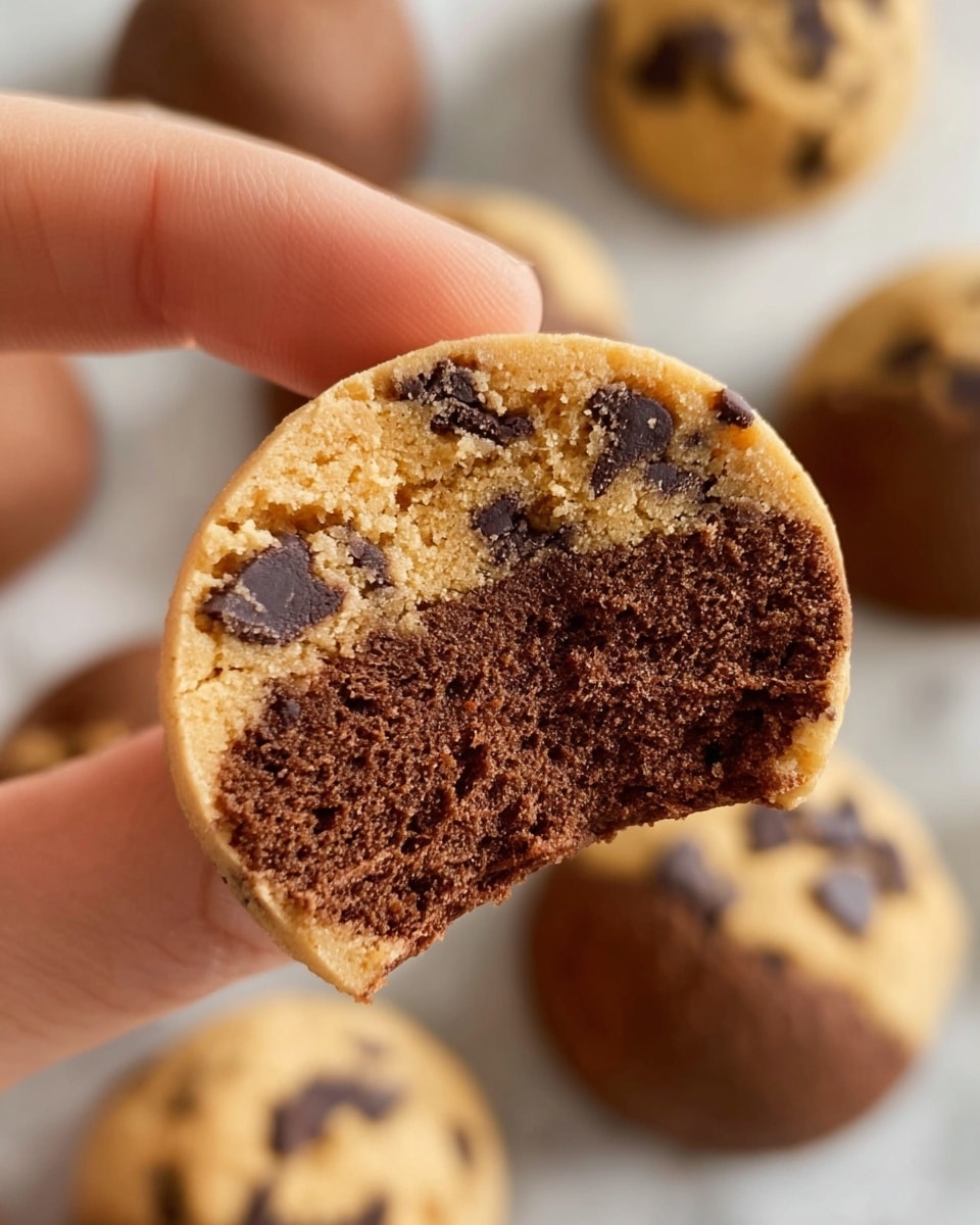 A close-up view of a round cookie with two clear layers, held by a woman's hand with fingers visible at the bottom left. The outer layer is a light tan cookie dough with dark chocolate chips scattered within, while the inner layer is a dense, rich brown chocolate dough that is soft and crumbly in texture. The cookie has a bite taken out, showing the distinct color contrast and crumbly textures of each layer clearly. In the blurred background, multiple similar cookies lie on a smooth white marbled surface. photo taken with an iphone --ar 4:5 --v 7