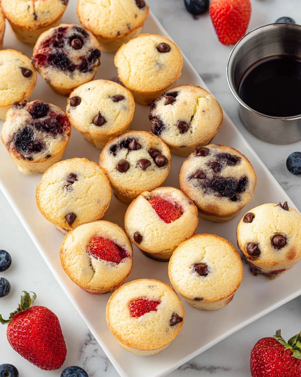 A white rectangular plate holds two kinds of mini muffins arranged closely, the first kind is light yellow with scattered dark brown chocolate chips creating a spotted texture on top, and the second kind is also light yellow but topped with visible pieces of red strawberries or deep purple blueberries embedded in the soft muffin top. The muffins are small with a smooth, slightly bumpy surface and golden edges. Beside the plate, on a white marbled background, there is a silver container with dark syrup and nearby fresh strawberries and blueberries scattered casually. The scene is bright and clear with natural light highlighting the soft texture of the muffins and the fresh fruit. photo taken with an iphone --ar 4:5 --v 7