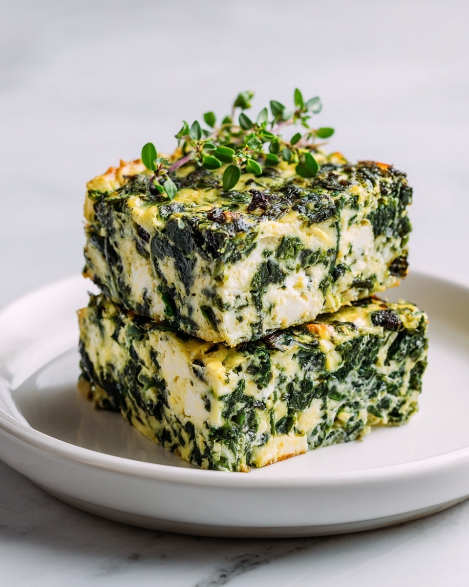 Two square pieces of a baked spinach dish sit stacked on a white plate with a white marbled surface underneath. The dish has two thick layers filled with chopped spinach and small bits of white cheese. It has a moist, slightly crumbly texture with a mix of deep green from the spinach and light cream from the cheese and egg mixture. On top of the top piece, two small green herb leaves add a fresh touch. photo taken with an iphone --ar 4:5 --v 7