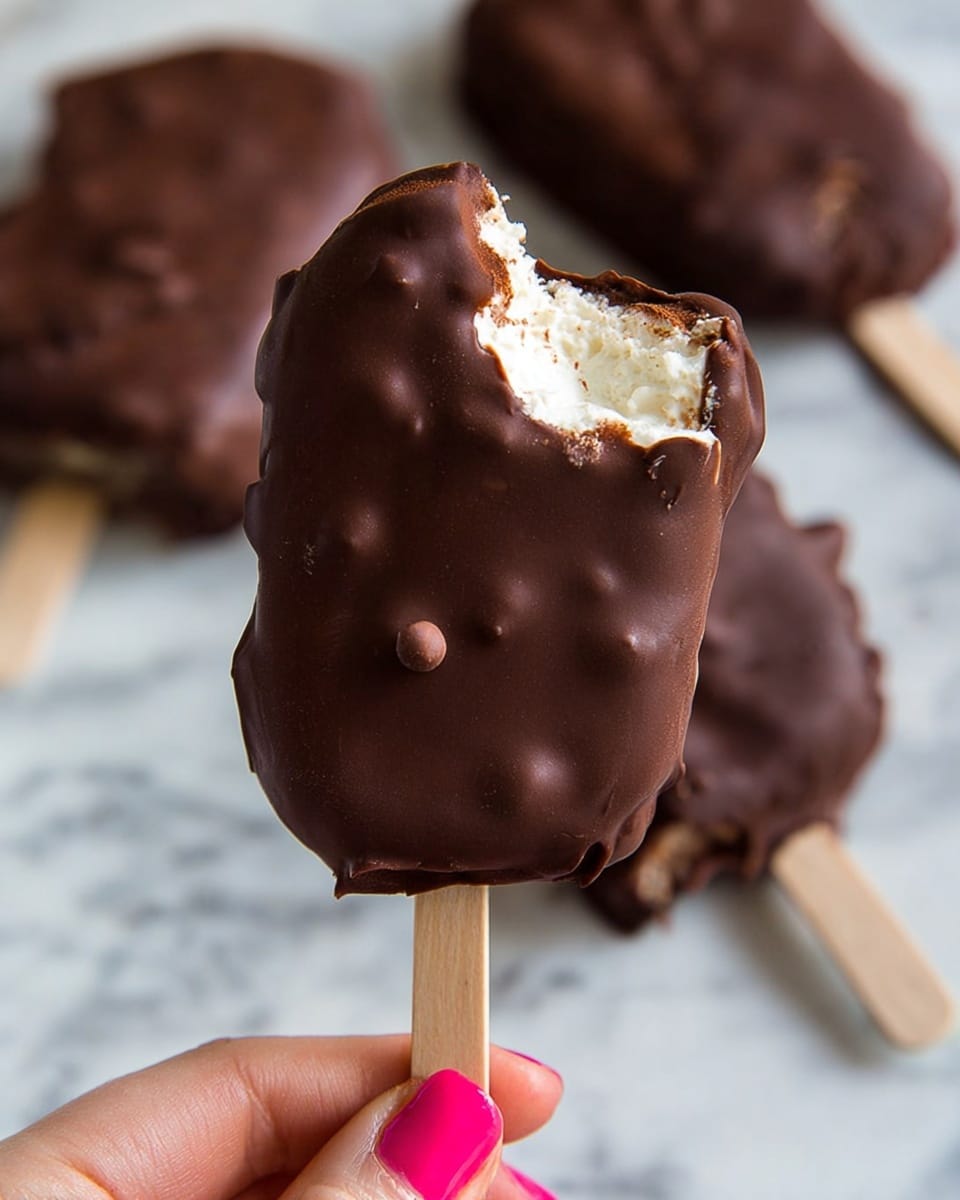 A close-up view of a chocolate-coated ice cream bar held by a woman's hand with bright pink nail polish, showing one bite taken from the top right corner revealing creamy white ice cream inside. The ice cream bar is irregularly shaped with a thick, slightly bumpy layer of dark brown chocolate coating, and a light wooden stick with a small chocolate drop on it. The background features more chocolate-coated ice cream bars slightly blurred on a white marbled surface. photo taken with an iphone --ar 4:5 --v 7