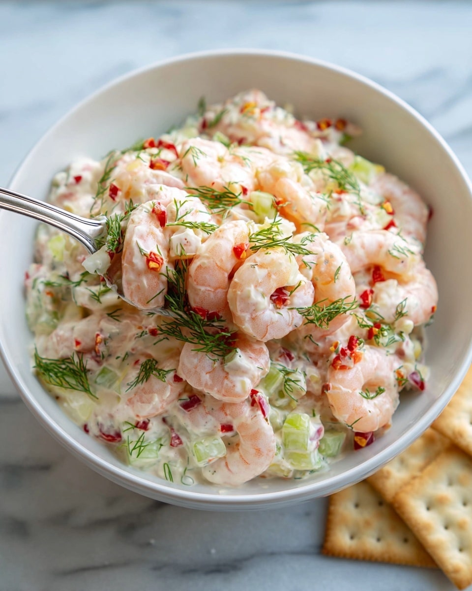 A white bowl holds a creamy shrimp salad made of several layers. The bottom layer is a smooth, white sauce mixed with small green celery pieces and tiny red chili bits, giving it a speckled look. On top, there are plump pink shrimp scattered evenly, showing their curved, firm texture. Sprinkled across the shrimp and sauce are finely chopped dill, adding a fresh green touch. A silver fork lifts a portion of the salad, showing the mix of shrimp, sauce, celery, chili, and dill together. The bowl sits on a white marbled surface, next to some square beige crackers. photo taken with an iphone --ar 4:5 --v 7