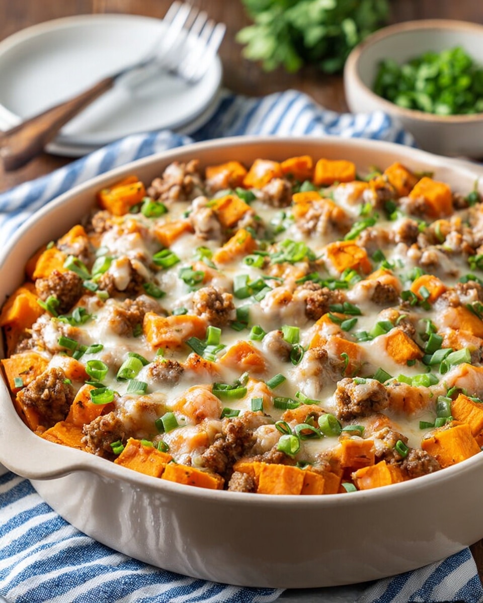 A round white casserole dish filled with a baked casserole showing three visible layers: at the bottom, bright orange cubed sweet potatoes; the middle layer consists of browned ground sausage pieces scattered evenly; the top layer is melted white cheese spread across, sprinkled with chopped green onions. The dish is placed on a white marbled surface with a blue and white striped cloth underneath and a blurred bowl of fresh herbs and a fork seen in the background. photo taken with an iphone --ar 4:5 --v 7
