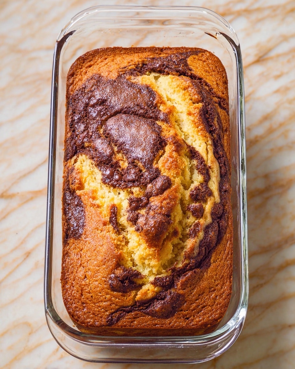 A loaf of marble cake with a golden brown top and swirled dark chocolate patterns sits inside a clear glass rectangular baking dish, showing the texture of the cake which is slightly cracked on the surface. The cake has a mix of light yellow and rich dark brown colors forming a marbled effect across the whole top. The edges of the cake are slightly darker and crisp. The dish is placed on a white marbled surface. photo taken with an iphone --ar 4:5 --v 7