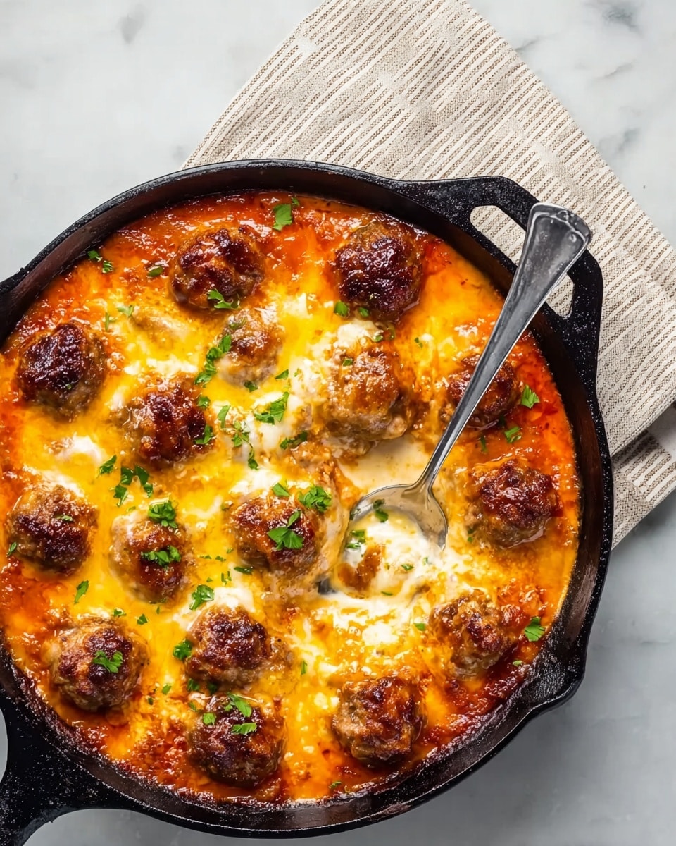 A black cast iron skillet filled with about two layers: the first layer is a smooth red-orange sauce covering the bottom, topped with evenly spaced brown meatballs with a slightly crispy texture. The second layer is melted yellow and white cheese that looks gooey and bubbly, covering the meatballs and sauce, sprinkled with small green parsley pieces. A silver spoon is placed inside the skillet, slightly scooping some sauce and cheese. The skillet rests on a white marbled surface next to a beige striped cloth. photo taken with an iphone --ar 4:5 --v 7