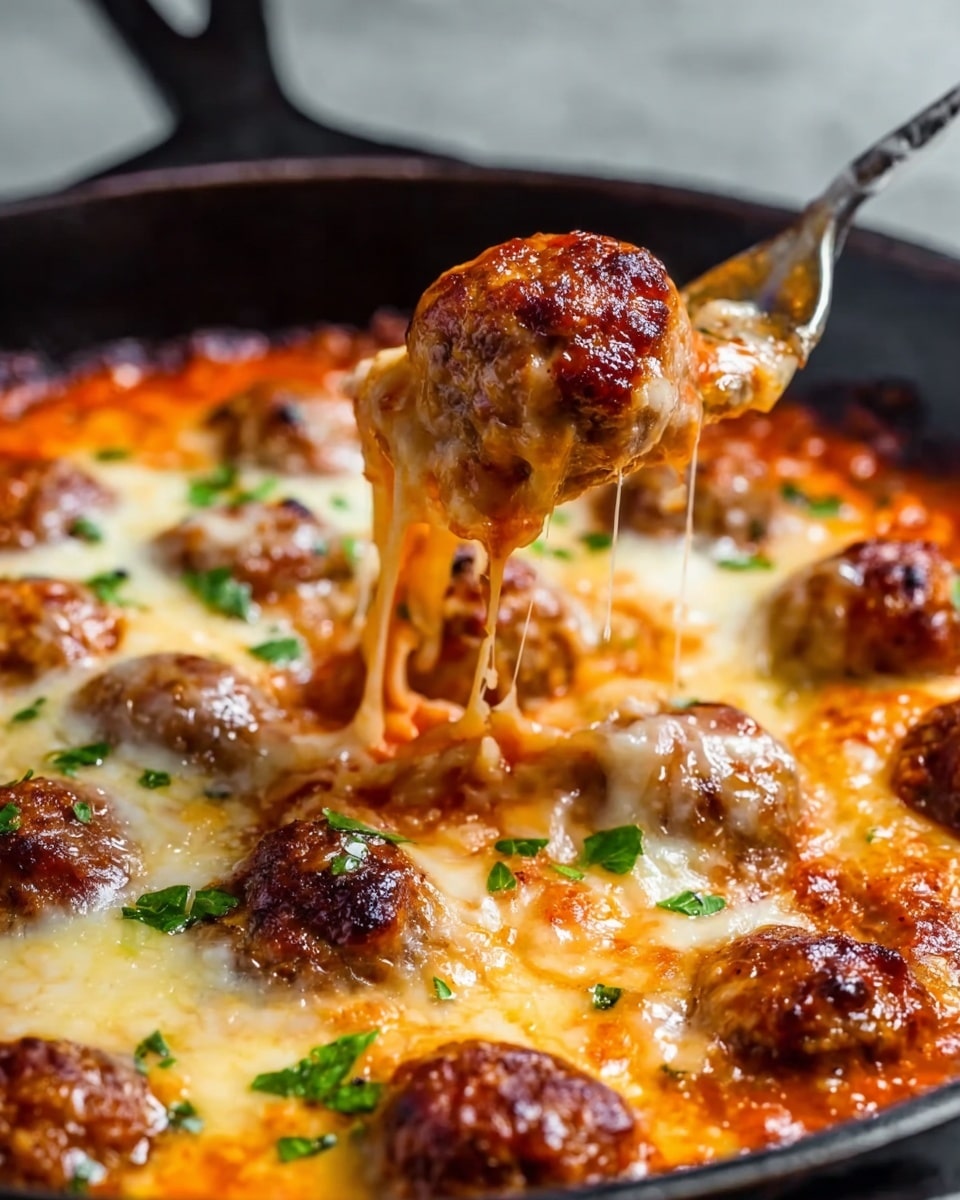 A black skillet is filled with a baked dish showing at least two layers: the bottom layer is a rich orange-red sauce, topped with melted, golden-brown cheese that stretches slightly as a silver fork lifts a round meatball coated in sauce. There are multiple browned meatballs scattered on top, and small green herb bits are sprinkled all over for color. The texture of the cheese is bubbly and creamy, blending with the thick sauce underneath. Photo taken with an iphone --ar 4:5 --v 7