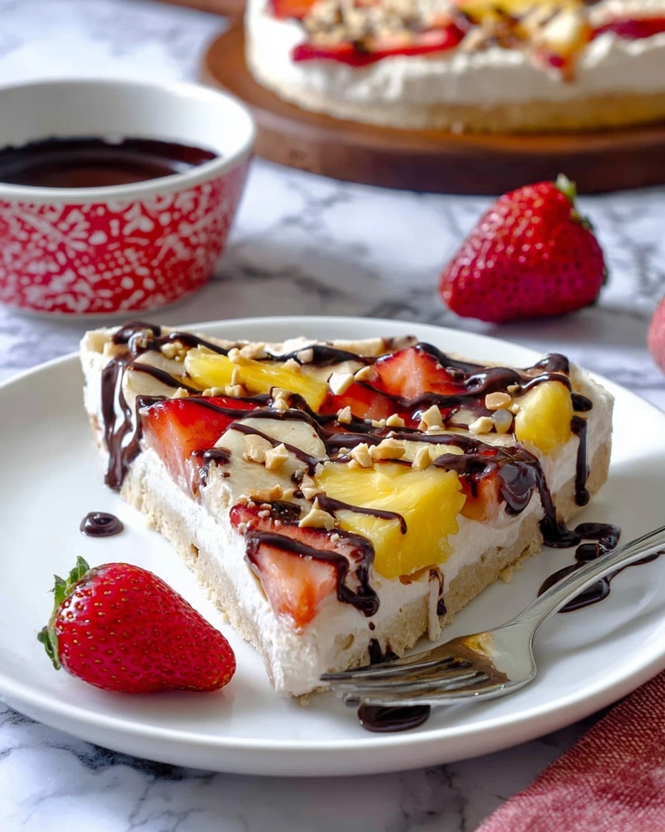 A round dessert pizza is shown with a golden-brown crust as the base. The first layer on top of the crust is a smooth, creamy white spread covering the whole surface. On this, there are three main concentric rows of fruit slices: the outer row has pale yellow banana slices, the middle row has red strawberry slices, and the inner row has light yellow pineapple rings. The fruit is topped with a drizzle of dark chocolate sauce in thin lines across the whole top. Small bits of crushed nuts are sprinkled over the dessert, adding texture. A whole red strawberry with green leaves sits near the center for decoration. The dish is photographed on a white marbled surface. Photo taken with an iphone --ar 4:5 --v 7