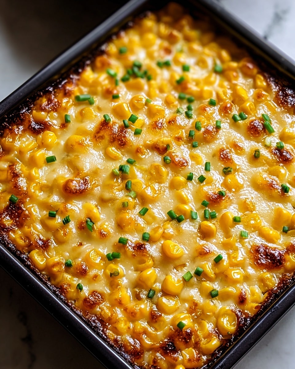 A close-up of a baked corn dish in a square black pan on a white marbled textured surface, showing one thick layer of shiny, bright yellow corn kernels mixed with melted cheese that is golden brown on top; small green chives are sprinkled evenly across the top for color contrast, and the melted cheese gives the surface a glossy, slightly bubbly texture with browned spots scattered throughout. photo taken with an iphone --ar 4:5 --v 7