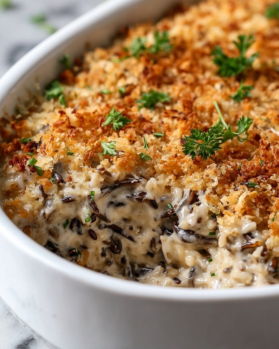 A close-up of a white baking dish filled with a creamy casserole that has three visible layers: a bottom layer of mixed wild rice with dark grain pieces, a middle layer of thick creamy sauce with visible pieces of mushroom and rice, and a top layer of golden brown breadcrumbs that look crisp and crunchy. The surface of the casserole is garnished with small green parsley leaves placed unevenly. The dish sits on a white marbled texture, and a portion has been scooped out to show the creamy interior. photo taken with an iphone --ar 4:5 --v 7
