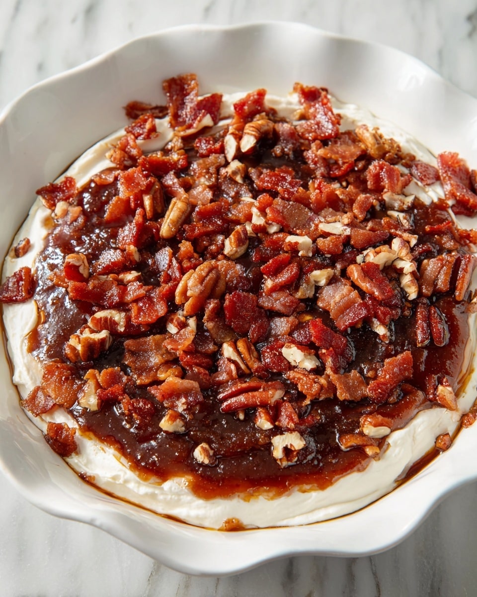 The dish is presented in a white bowl with scalloped edges, set on a white marbled surface. It has three visible layers: the bottom layer is a thick, creamy white spread, the middle layer is a shiny, dark brown jam-like spread with a sticky texture, and the top layer consists of a generous amount of chopped pecans mixed with crispy, reddish-brown bacon pieces, scattered unevenly over the jam. The colors contrast well, showing creamy white, deep brown, and rich reddish tones. Photo taken with an iphone --ar 4:5 --v 7