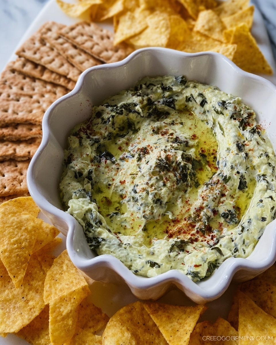 A white bowl with a wavy edge holds a creamy dip that looks light green with dark green leafy bits mixed inside. The texture is smooth with small patches of herbs and spices. Around the bowl, there are light yellow triangular corn chips and rectangular whole wheat crackers stacked and spread on a white marbled surface. The dip has some oily spots on top with a sprinkle of reddish seasoning near the edge of the bowl. photo taken with an iphone --ar 4:5 --v 7
