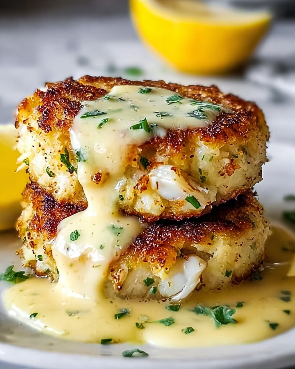 Two golden-brown crab cakes are stacked on a white plate, each with a crispy, textured crust revealing bits of white crab meat and green herbs inside. A creamy, pale yellow sauce is poured over the top crab cake, dripping down the sides and pooling slightly on the plate. Small green herb pieces are sprinkled on the sauce and cakes, adding a fresh contrast. A blurred lemon wedge sits in the background, adding a hint of bright yellow color to the scene, all set against a white marbled surface. photo taken with an iphone --ar 4:5 --v 7