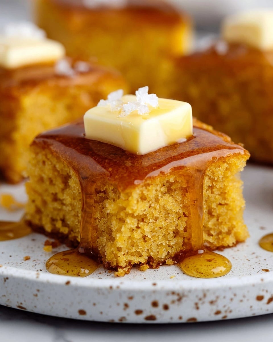 A close-up image of a single square piece of moist, golden-brown cake with a soft, crumbly texture visible on the sides. On top of the cake is a thick layer of shiny, amber-colored syrup slowly dripping down the sides. Sitting on the syrup is a small square of pale yellow butter with a few coarse salt flakes sprinkled on top. The cake piece is placed on a white plate with tiny brown specks around it, set on a white marbled texture. In the background, more pieces of the same cake are slightly out of focus. photo taken with an iphone --ar 4:5 --v 7