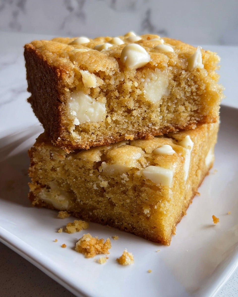 Two thick square pieces of soft, golden brown cake with a slightly crumbly texture are placed on a white plate. The cake has visible mix-ins of white chocolate chips that are scattered throughout the inside and on top, adding creamy white spots contrasting the warm brown layers. Crumbs are scattered lightly on the plate, showing the cake's moist and tender crumb. The background has a white marbled texture with soft natural light highlighting the cake's texture and colors. photo taken with an iphone --ar 4:5 --v 7