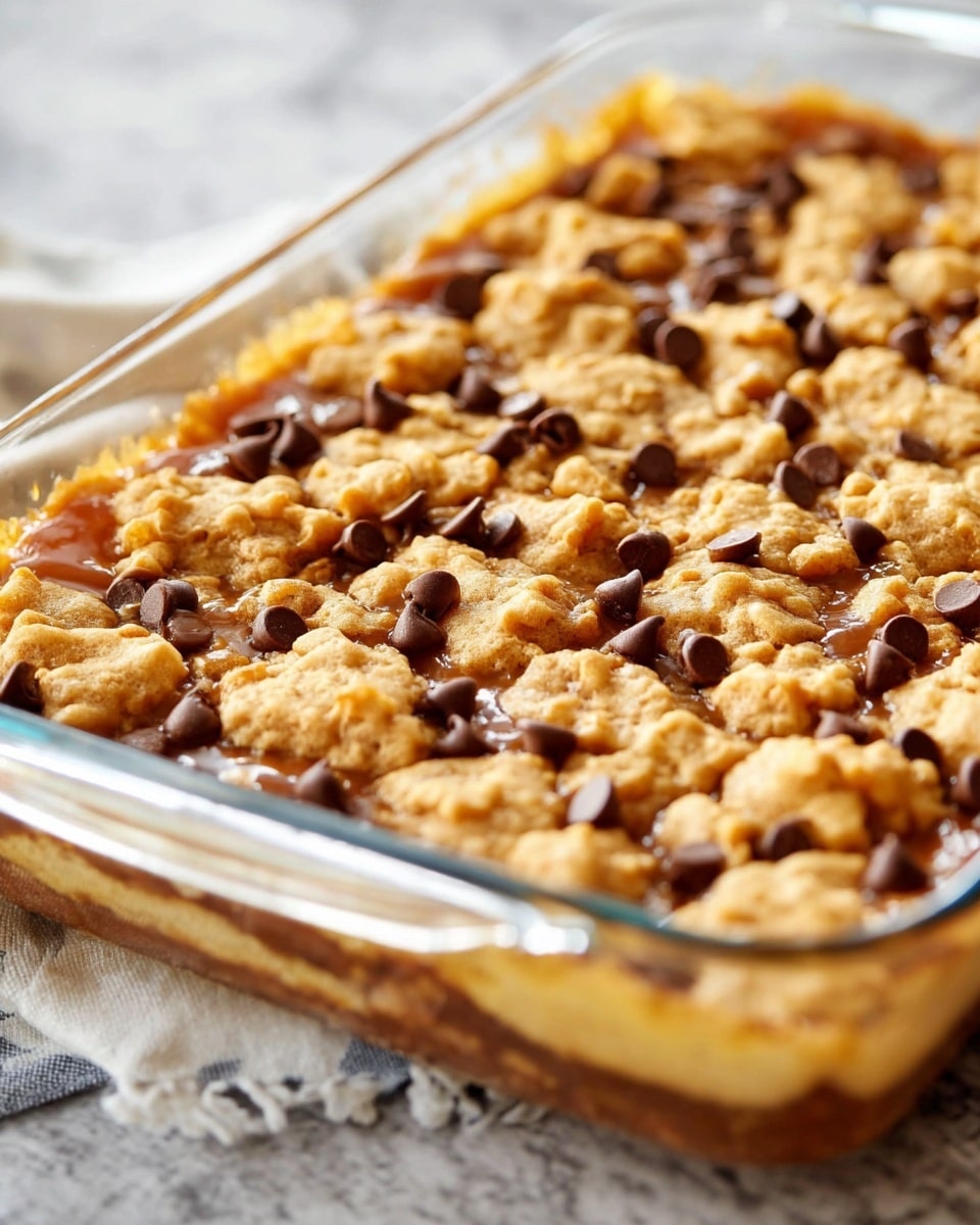 A close-up view of a glass baking dish showing a dessert with three visible layers. The bottom layer is a golden brown baked dough crust that looks slightly crisp. The middle layer consists of melted caramel and scattered dark brown chocolate chips blending with the caramel. The top layer is made up of uneven clusters of light golden crispy dough pieces spread evenly over the chocolate and caramel. The dish sits on a white marbled textured surface with a folded kitchen towel in the background. photo taken with an iphone --ar 4:5 --v 7
