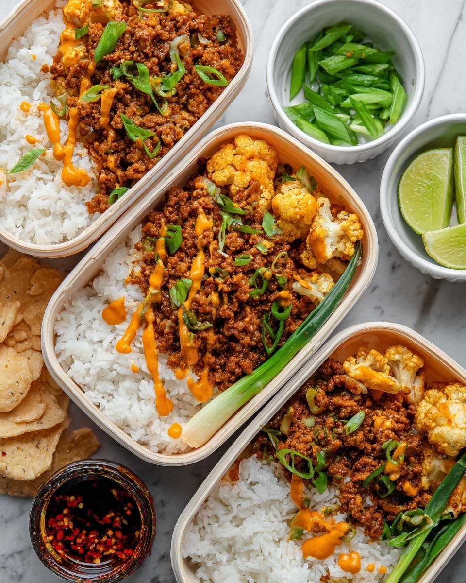 The image shows three rectangular white meal containers filled with two main layers: on one side, there is white rice with a slightly sticky texture, and on the other side, a mixture of cooked ground meat and cauliflower pieces coated in a rich, orange sauce. The saucy meat and cauliflower layer is garnished with fresh green onion slices, adding a bright contrast. The rice is drizzled with the same orange sauce in thin lines. Around the containers, there are small white bowls holding sliced green onions, lime wedges, a chili oil sauce, and crispy light-colored crackers, all set on a white marbled surface. photo taken with an iphone --ar 4:5 --v 7